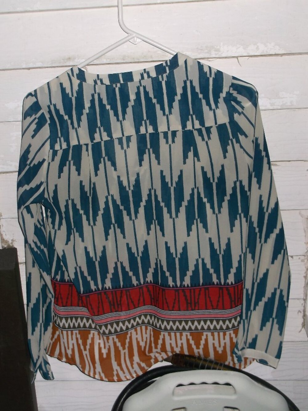 Maeve Teal & Cream Boho Geometric Blouse, Decorative Trim, Long Sleeve, Like New - Picture 2 of 4